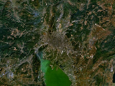 Satellite image of Kunming, situated on the northern shore of Lake Dian