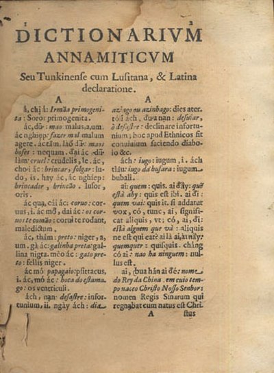 Alexandre de Rhodes' Dictionarium Annamiticum Lusitanum et Latinum, published by the Propaganda Fide in 1651.