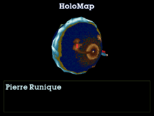 Captura de pantalla que muestra la herramienta de geolocalización del juego, llamada "HoloMap", que consiste en una visión 3D del planeta Twinsun apareciendo sobre un fondo negro.