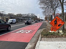 Bus only lane on westbound East Lake Street installed in 2023. Lake Street bus only lane westbound.jpg