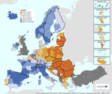 Life expectancy by Eurostat in regions -2021.png