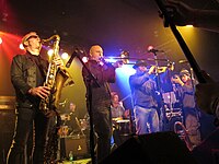 Liquid Soul horn section during their 20th anniversary show at the Double Door, January 2013 Liquid Soul Horn Line.JPG