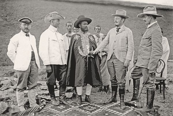 German "Aksum Expedition", February 1906. From left: Theodor von Lüpke, Dr. Erich Kaschke, Gebre Selassie (Governor of Tigray), Enno Littmann and Dani