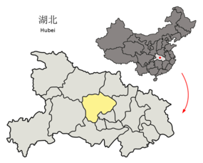 Jingmens läge i Hubei, Kina.