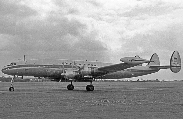 Lufthansa Lockheed L-1049 Super Constellation operating a transatlantic scheduled service from Hamburg to Montreal and Chicago in May 1956