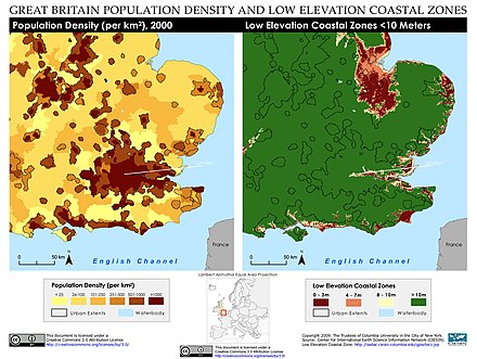 London population density and low elevation coastal zones.