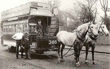 London Tramways two-horse tram, about 1890.