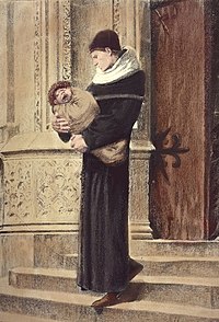 Ο Κλαύδιος Φρολό κρατά στην αγκαλιά του το βρέφος Κουασιμόδο στα σκαλιά της Παναγίας των Παρισίων το 1480. Εικονογράφηση του Λικ-Ολιβιέ Μερσόν.
