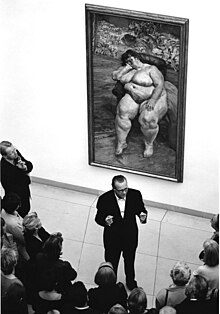 Curator's talk with Rolf Lauter at the exhibition Lucian Freud: Naked Portraits, Museum fur Moderne Kunst, Frankfurt am Main, October 2000. The photo shows Lauter in front of Lucian Freud's painting "Sleeping by the Lion Carpet" (1995-96, Oil on canvas, 256,5 x 143,5 cm, Private Collection, USA). Lucian Freud Naked Portraits Museum fur Moderne Kunst Frankfurt 2000 Rolf Lauter.jpg