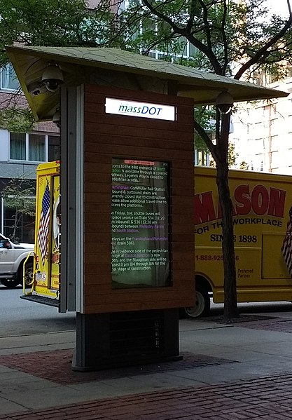 The MassDOT kiosk outside the Park Plaza headquarters