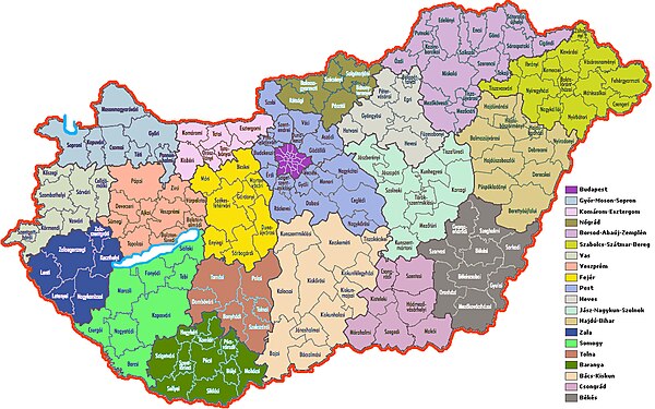 Hungarian counties with the 174 districts (járások) and the 23 districts of Budapest (kerületek).