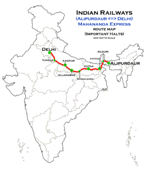 Mahananda Express (Alipurdaur - Delhi) peta rute.png