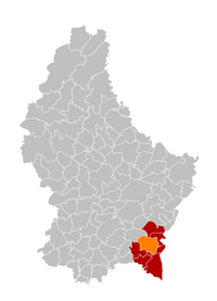 Map of Luxembourg with Bous-Waldbredimus highlighted in orange, and the——canton in dark red