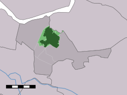 The town centre (dark green) and the statistical district (light green) of Nijkerk in the municipality of Nijkerk.
