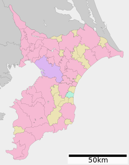 Karta över Chiba prefektur. Städer:      Signifikanta städer      Övriga städer Landskommuner:      Köpingar      Byar