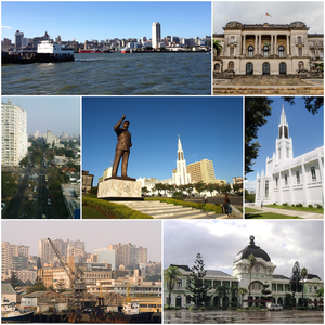 Dans le sens des aiguilles d'une montre, à partir du haut : les toits de Maputo, l'hôtel de ville de Maputo, la cathédrale Notre-Dame de l'Immaculée Conception, la gare de Maputo, le port de Maputo, l'Avenida 24 de Julho et la statue de Samora Machel sur la place de l'Indépendance