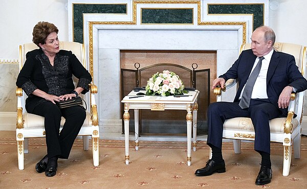 New Development Bank President Dilma Rousseff with Russian President Vladimir Putin on 26 July 2023