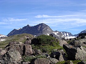 Kilátás a Memurutindene-re a Memurudalen-völgytől délre.