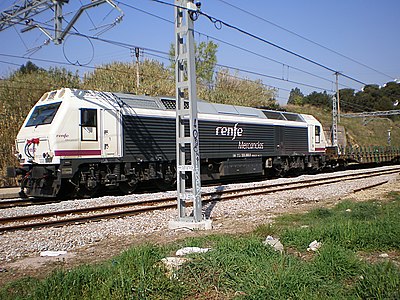 Español: La locomotora diésel-eléctrica 333.368 de Renfe Operadora, con un carrilero vacío procedente de Puigcerdà y con destino Montcada Bifurcació, estacionada en la estación de Mollet Santa Rosa (comarca del Vallès Oriental, provincia de Barcelona, Catalunya), para realizar un cruce con un cercanías. Català: La locomotora dièsel-elèctrica 333.368 de Renfe Operadora a l'estació de Mollet - Santa Rosa, amb un carriler buit que ha baixat de Puigcerdà, esperant el creument amb un rodalies.