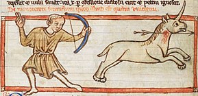 Dessin montrant un chasseur à l'arc tirant dans le cou d'une licorne