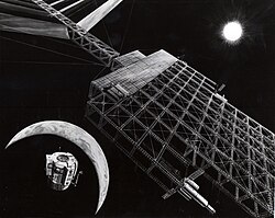 Artist's concept of a solar power satellite in place. Shown is the assembly of a microwave transmission antenna. The solar power satellite was to be located in a geosynchronous orbit, 35,786 kilometres (22,236 mi) above the Earth's surface. NASA 1976 NASA solar power satellite concept 1976.jpg