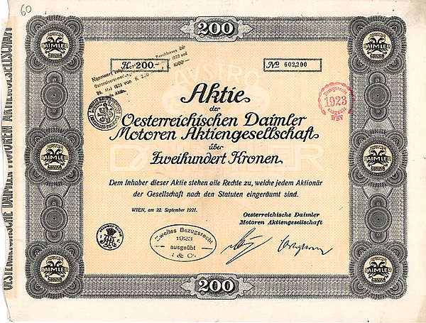 Share of the Oesterreichische Daimler Motoren AG, issued 22. September 1921