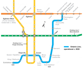 La ligne Ontario telle qu'elle apparaîtra sur le plan du réseau après son ouverture, avec la ligne 5 Eglinton (en haut) en cours de construction