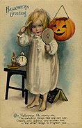 1900 American card which depicts a little girl looking in a mirror while combing her hair at midnight on Halloween in order to see an image of her future husband.