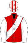 Red, white sash and sleeves, striped cap