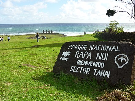 Announcement in Spanish on Easter Island, welcoming visitors to Rapa Nui National Park