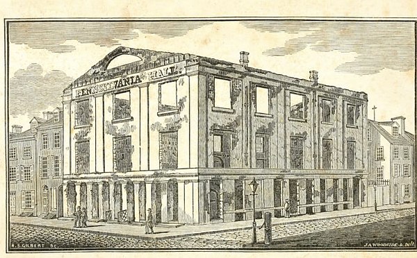 Pennsylvania Hall post-burning. Engraved by Reuben S. Gilbert after work by John Archibald Woodside, Jr.