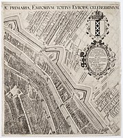 Map of Amsterdam label QS:Len,"Map of Amsterdam" label QS:Lpl,"Mapa Amsterdamu" label QS:Lnl,"Plattegrond van Amsterdam" 1599. engraving. 92 × 83 cm (36.2 × 32.6 in). Haarlem, Noord-Hollands Archief.