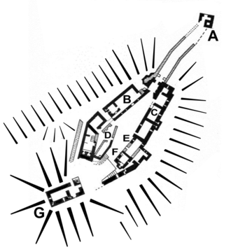 Plan of the castle: A - Barbican; B - Great Hall and Buttery; C - Eastern Lodgings; D - Kitchen and Yard; E - Capel and Priest's Lodging; F - Western Lodgings; G - Motte and Keep Plan of Okehampton Castle.png