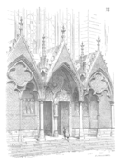 Reconstrucción del aspecto original del pórtico de la iglesia de San Nicasio de Reims (fue destruida en la Revolución y se reconstruyó en el siglo XX). Base Merimée, fuente citada en fr:Église Saint-Nicaise de Reims).