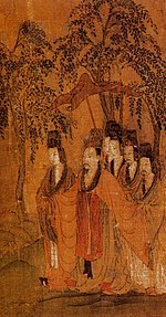 Cao Zhi as depicted in Goddess of Luo River (detail) by Gu Kaizhi, Jin dynasty, China Portrait full-length Cao Zhi.jpg