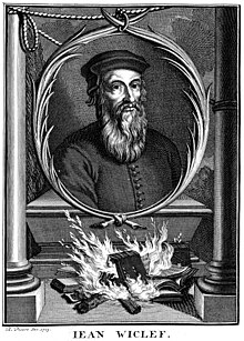 Portrait of John Wycliffe by Bernard Picart, showing the burning of his works (1714) Portrait of John Wycliffe.jpg