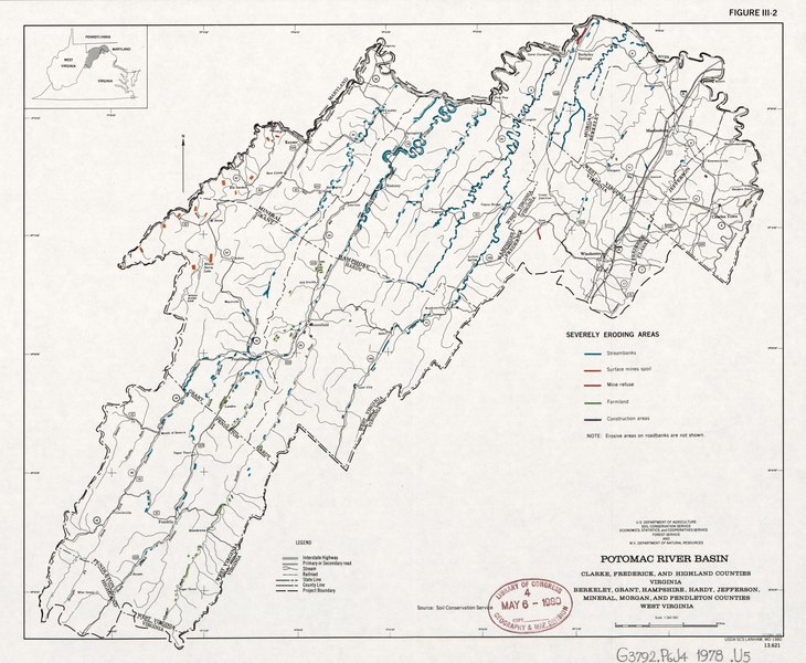 File:Potomac River basin - Clarke, Frederick, and Highland Counties, Virginia, Berkeley, Grant, Hampshire, Hardy, Jefferson, Mineral, Morgan, and Pendleton counties, West Virginia - severly eroding areas LOC 81690198.tif