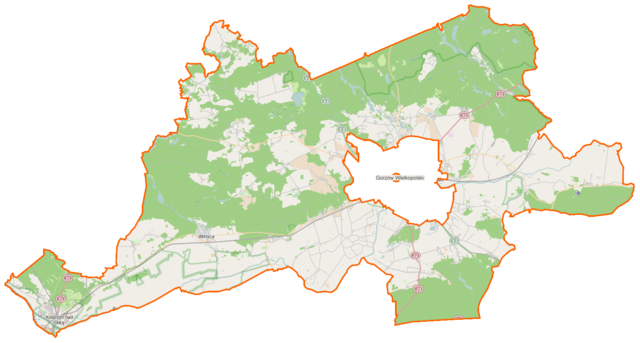 Mapa konturowa powiatu gorzowskiego, blisko dolnej krawiędzi po lewej znajduje się punkt z opisem „Kostrzyn nad Odrą”