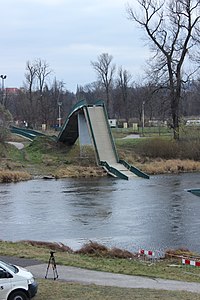 Vltava river with collapsed bridge