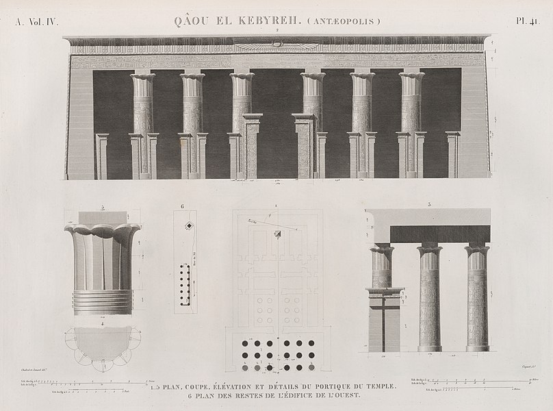 Pl.41 - 1-5. Plan, coupe, élévation et détails du portique du temple<vr/>6. Plan des restes de l'édifice de l'ouest