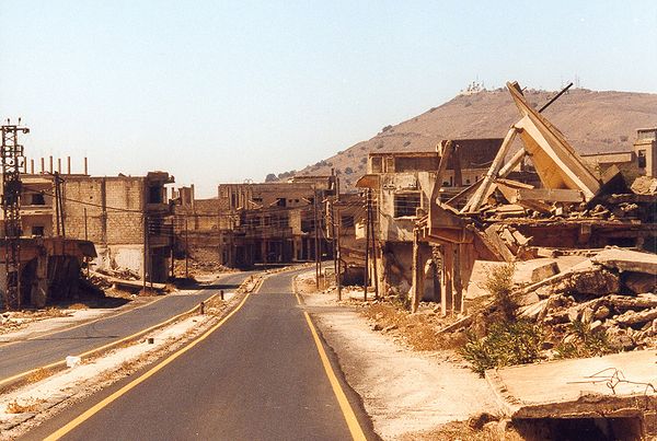 The town of Quneitra lies in ruins in 2001. Mount Avital in the Golan Heights overlooks the ruins.