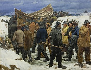 Die reddingsboot is geneem deur die duine (1883), skildery deur Michael Ancher (1849–1927).