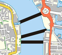 The three proposed sites for the former bridge plans in the March 2018 consultation: the top site would join Nelson Dock Pier to Westferry Circus; the middle site would connect Durand's Wharf with Impound Lock; the bottom site would join Durand's Wharf to West India Dock Rotherhithe crossing sites.png