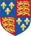 Coat of arms of the kings of England after 1405, with the French quarterings updated to the modern French arms, three fleurs-de-lis on a blue field. Royal Arms of England (1399-1603).svg