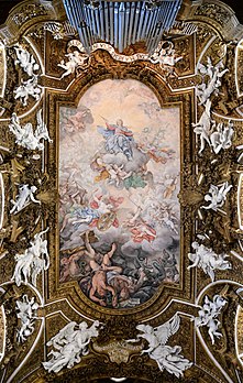 La Vierge Marie triomphant de l'hérésie, fresque de Giovanni Domenico Cerrini, en plafond de l'église Santa Maria della Vittoria de Rome. (définition réelle 4 250 × 6 701)