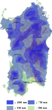 Sardinia average rainfalls Sardegna precipitazioni.svg