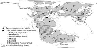 Congruence between Middle Jurassic sauropod distribution and palaeoclimatic zones;  (middle) is the Spinophorosaurus type locality Sauropod distribution and paleoclimatic zones.png