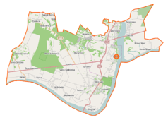 Mapa konturowa gminy Serock, po lewej nieco na dole znajduje się punkt z opisem „Elektrownia Wodna Dębe”