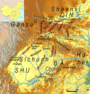 Detailed view of various mountain ranges and passes between Shaanxi and Sichuan