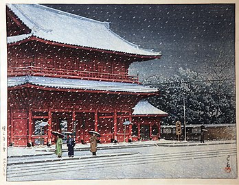 Snow over Zojoji Temple (1921) by Hasui Kawase